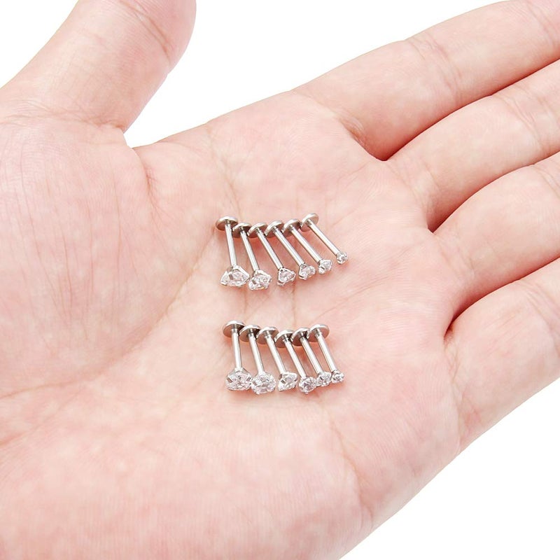 SCERRING 6 أزواج 16 جرام من الفولاذ المقاوم للصدأ 2-4.5 مم إعداد الشوكات CZ الشفاف مع خيوط داخلية لابريت مونرو شفة تراجوس دايث غضروف هيلكس حلقة أقراط ثقب الجسم مجوهرات 8 مم - فضي - Image 3